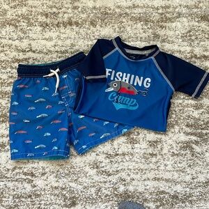 Caribbean Jo Board Shorts Bathing Suit Rashguard set Fishing Fish 2T